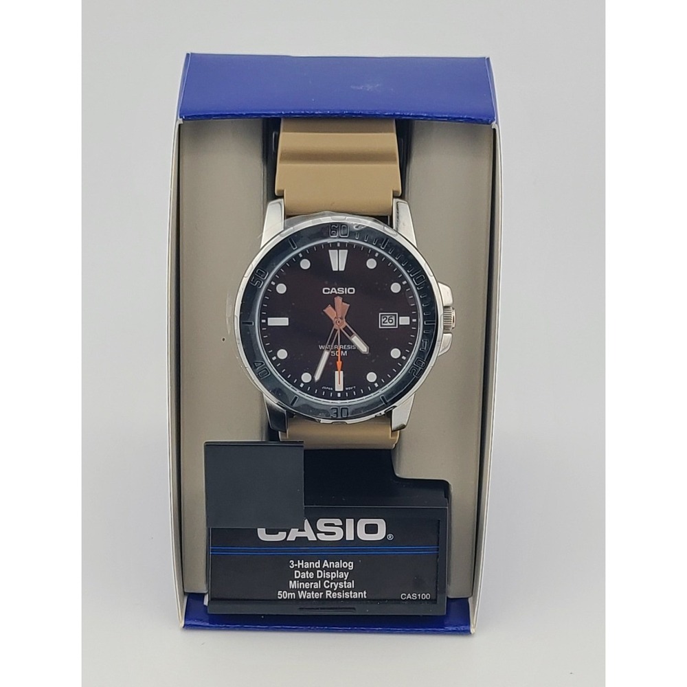 Casio Mens MTP-VD01 Analog Watch Tan Resin Band Black Dial Date 50M Water Resist